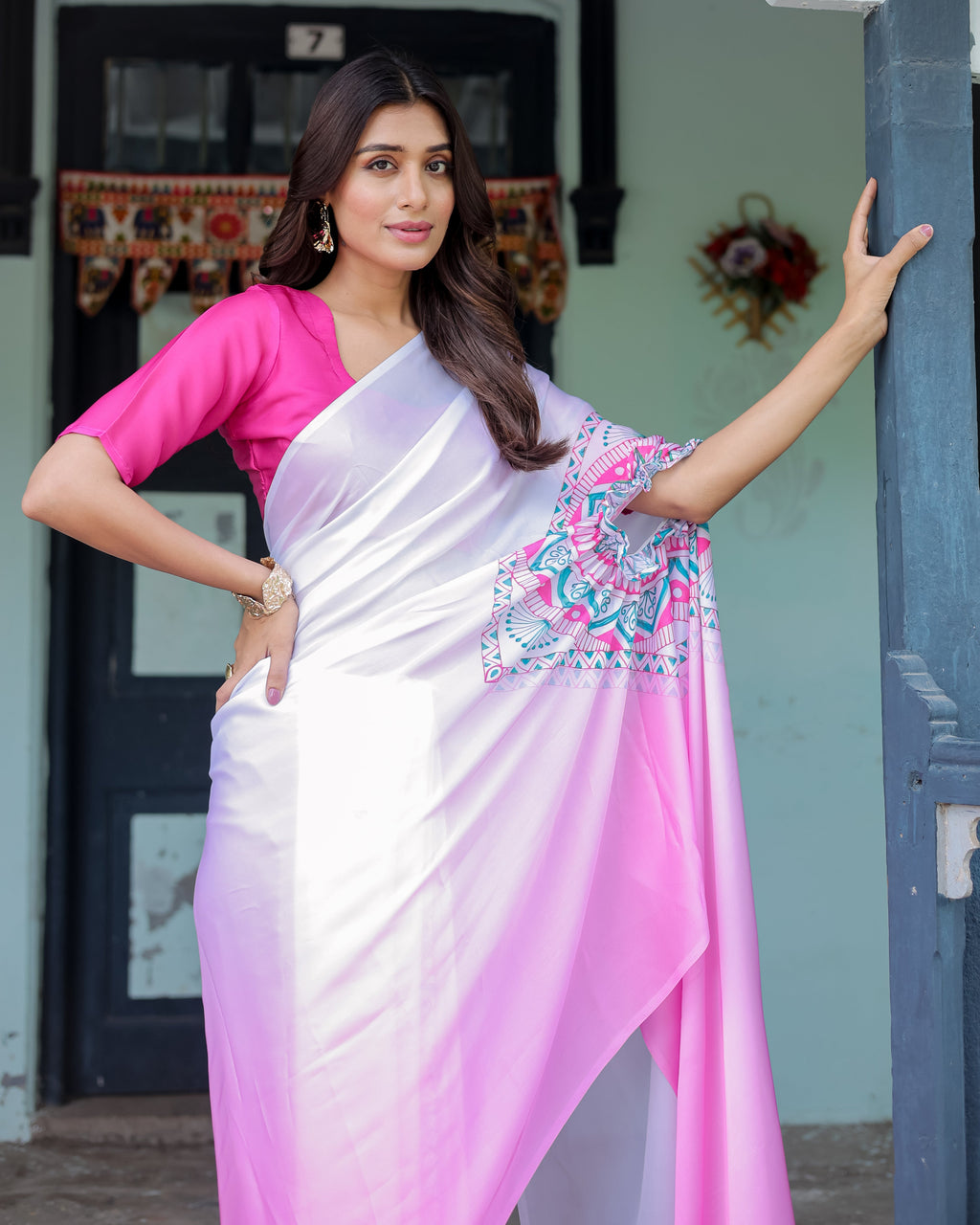 White & Pink Ombré Designer Freehand Saree with Geometric Pallu Art & Rani Pink Blouse | Satin Georgette | Handsfree Pallu Design