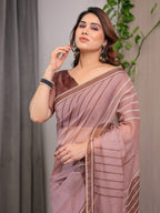 Dusty Rose Geometric Printed Organza Saree with Multicolour Lace Border | Designer Lightweight Organza Saree with Attached Blouse Piece | Elegant Contemporary Festive Saree