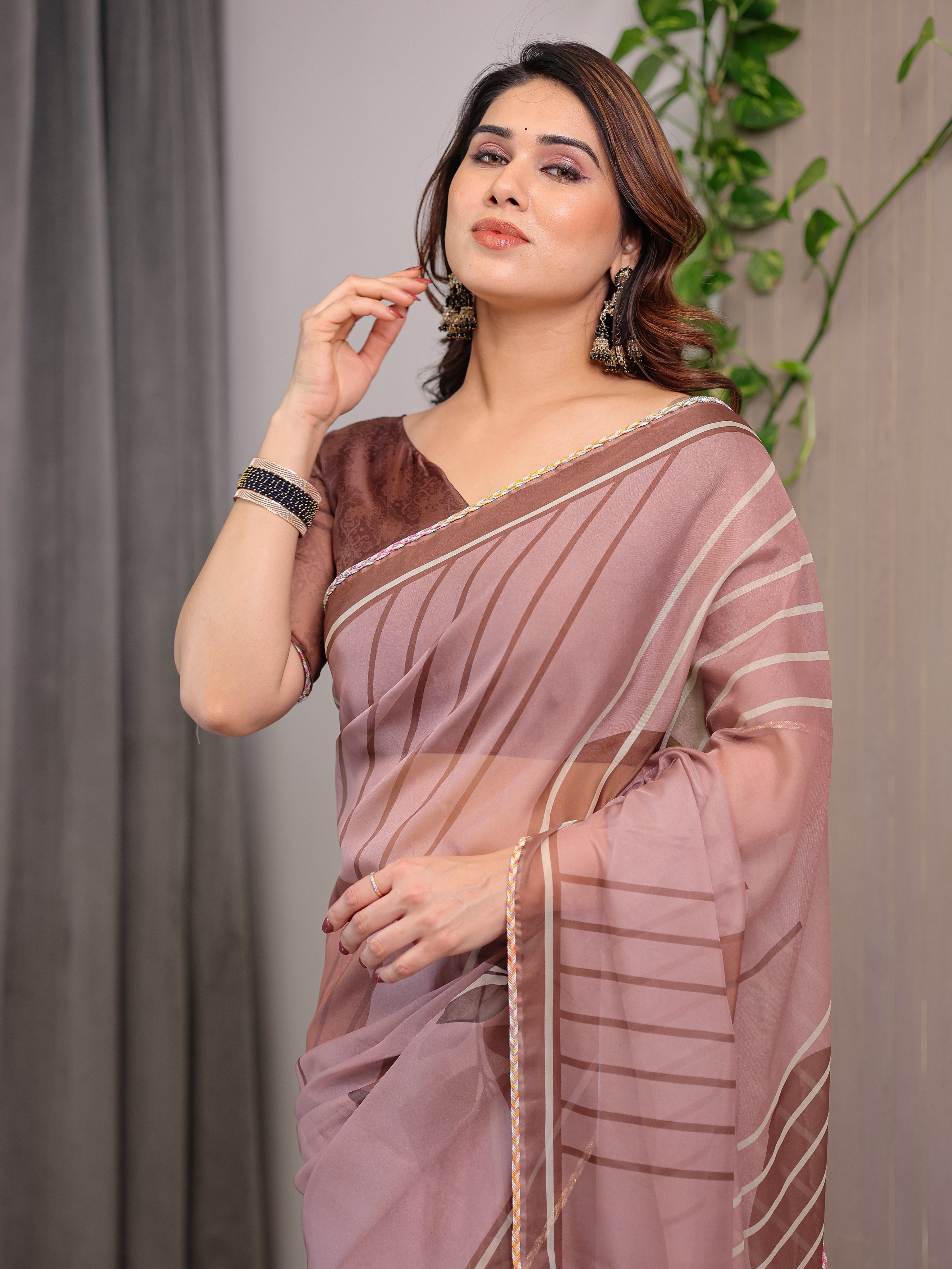 Dusty Rose Geometric Printed Organza Saree with Multicolour Lace Border | Designer Lightweight Organza Saree with Attached Blouse Piece | Elegant Contemporary Festive Saree