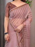 Dusty Rose Geometric Printed Organza Saree with Multicolour Lace Border | Designer Lightweight Organza Saree with Attached Blouse Piece | Elegant Contemporary Festive Saree