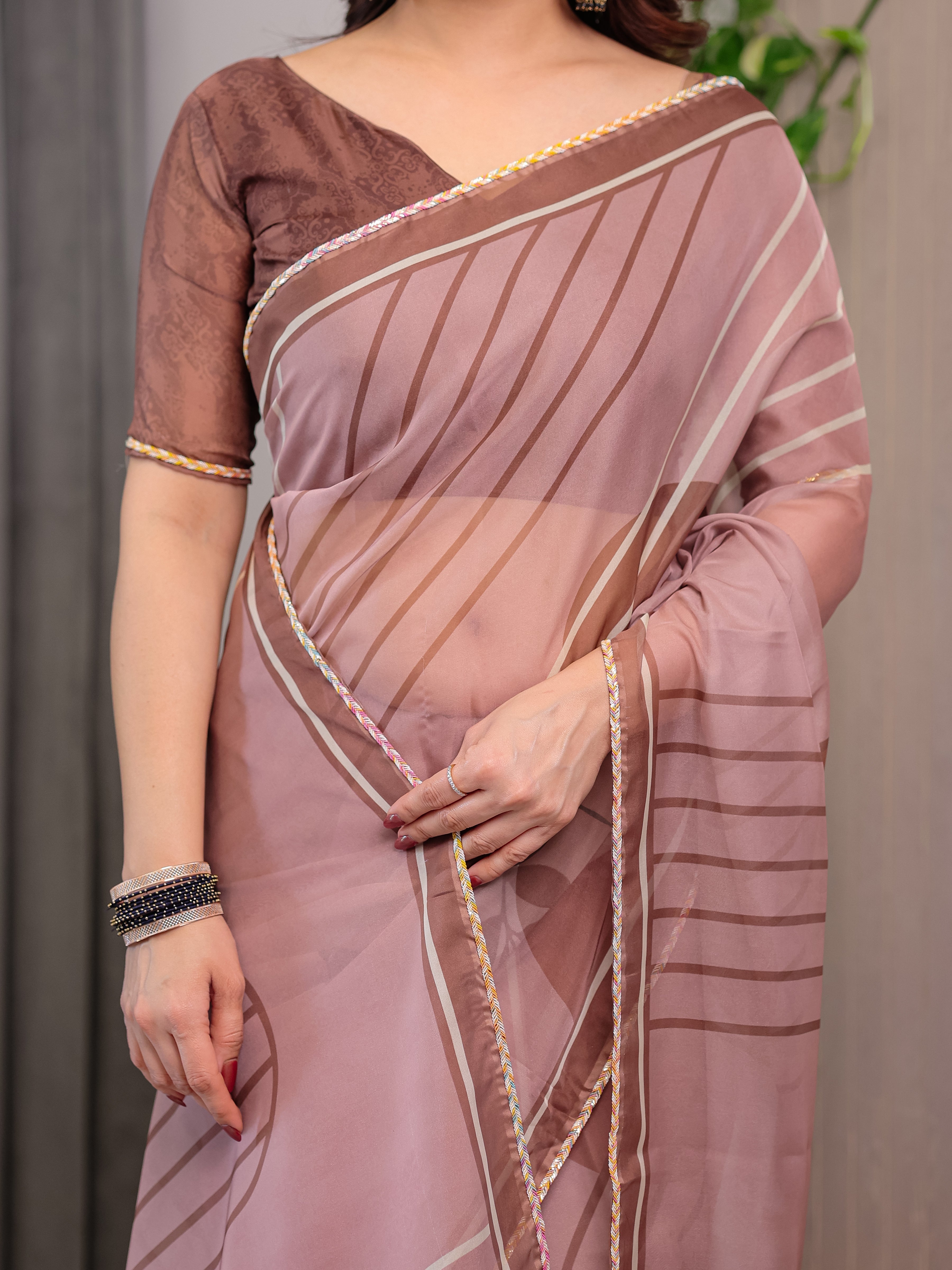 Dusty Rose Geometric Printed Organza Saree with Multicolour Lace Border | Designer Lightweight Organza Saree with Attached Blouse Piece | Elegant Contemporary Festive Saree