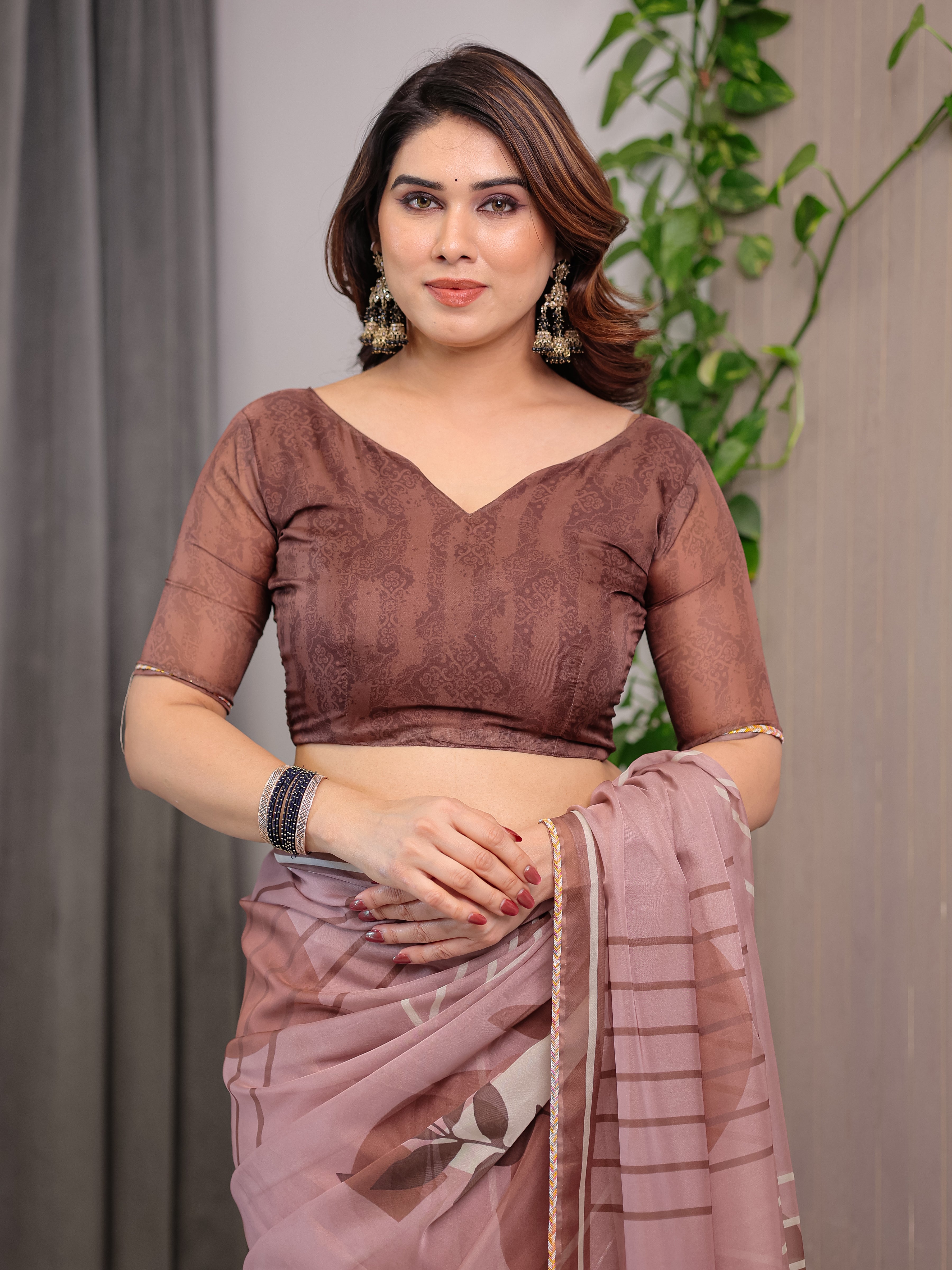 Dusty Rose Geometric Printed Organza Saree with Multicolour Lace Border | Designer Lightweight Organza Saree with Attached Blouse Piece | Elegant Contemporary Festive Saree