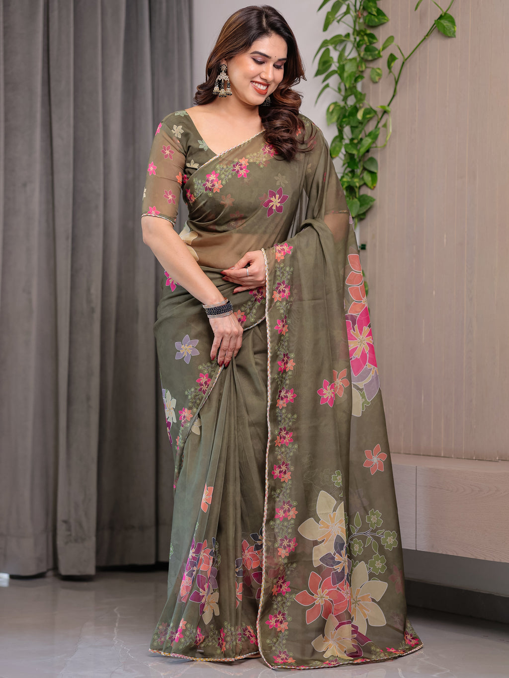 Olive Green Floral Printed Organza Saree with Multicolour Flower Motifs & Lace Border | Designer Lightweight Organza Saree with Attached Blouse Piece | Elegant Festive & Party Wear Saree
