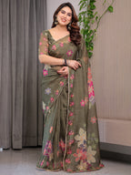 Olive Green Floral Printed Organza Saree with Multicolour Flower Motifs & Lace Border | Designer Lightweight Organza Saree with Attached Blouse Piece | Elegant Festive & Party Wear Saree