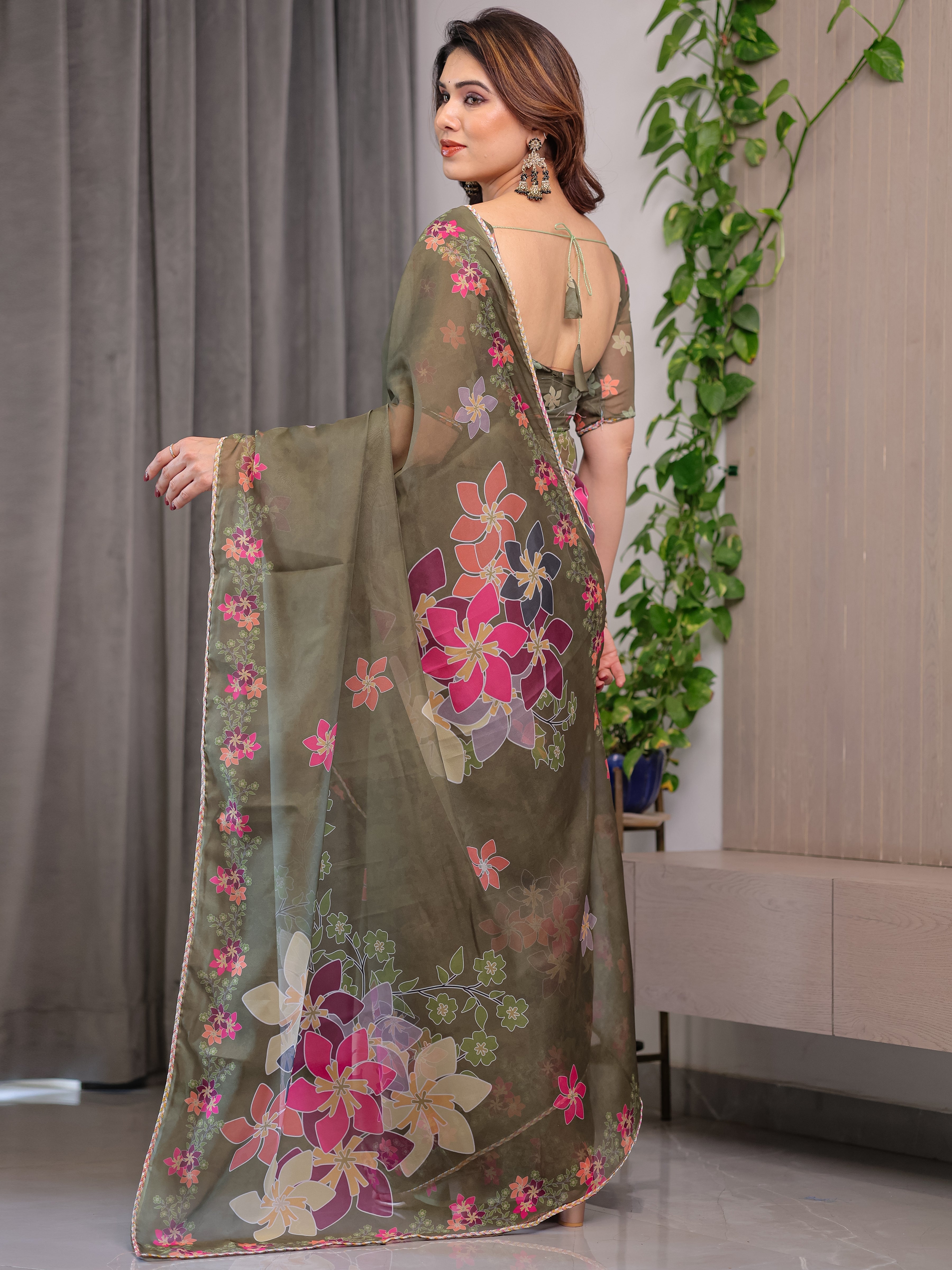 Olive Green Floral Printed Organza Saree with Multicolour Flower Motifs & Lace Border | Designer Lightweight Organza Saree with Attached Blouse Piece | Elegant Festive & Party Wear Saree