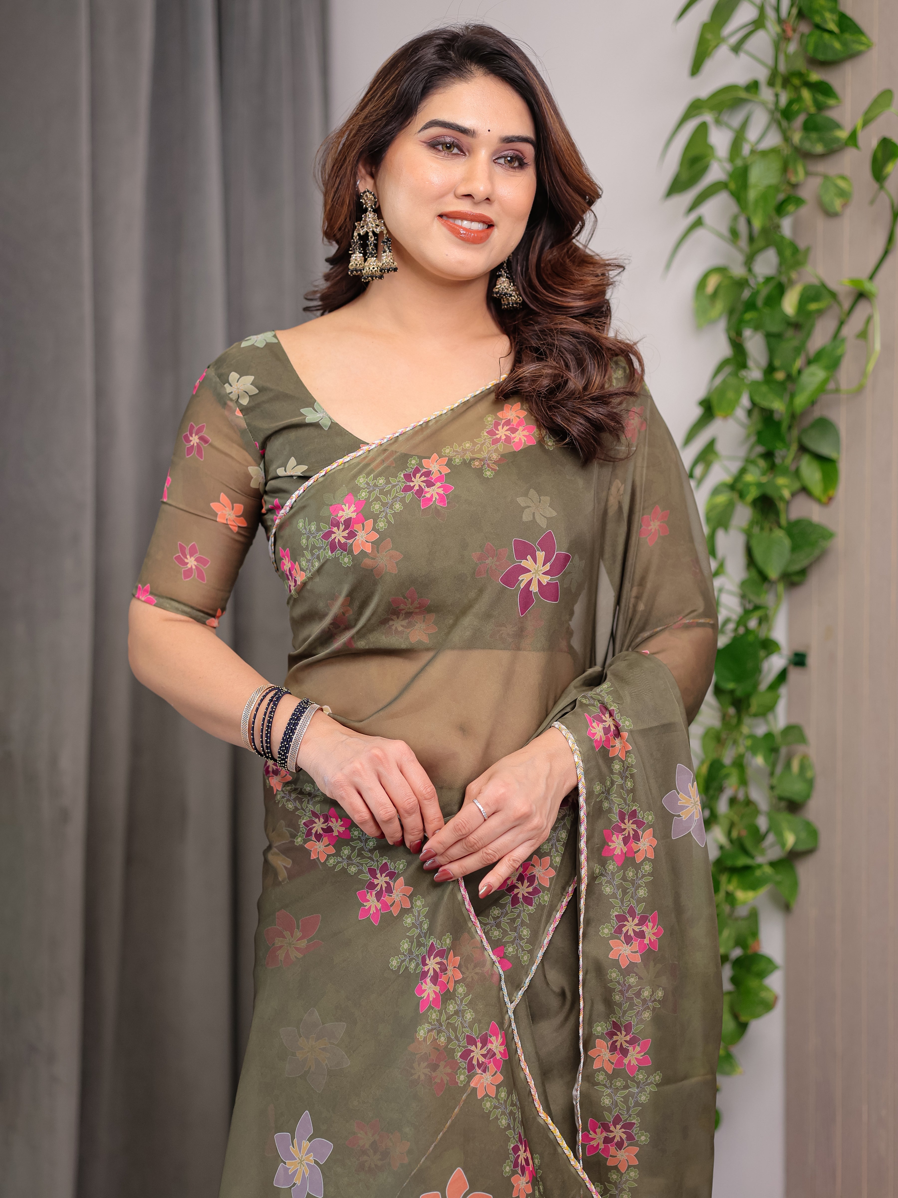 Olive Green Floral Printed Organza Saree with Multicolour Flower Motifs & Lace Border | Designer Lightweight Organza Saree with Attached Blouse Piece | Elegant Festive & Party Wear Saree