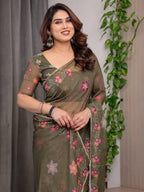 Olive Green Floral Printed Organza Saree with Multicolour Flower Motifs & Lace Border | Designer Lightweight Organza Saree with Attached Blouse Piece | Elegant Festive & Party Wear Saree