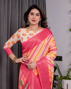 Multicolor Striped Handloom Linen Saree with Pink Geometric Pallu & Zari Border | 5.5m Saree + 0.8m Attached Blouse with Tassels