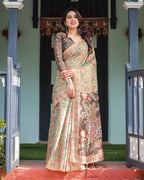 Sage Green with Bold Floral Motifs Linen Cotton Handloom Printed Saree, Vibrant Peacock Pallu, and Tassels