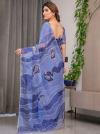 Elegant Steel Blue Printed Organza Saree with Abstract Wave Motifs & Multicolour Lace Border | Designer Lightweight Organza Saree with Attached Blouse Piece | Contemporary Festive Wear Saree