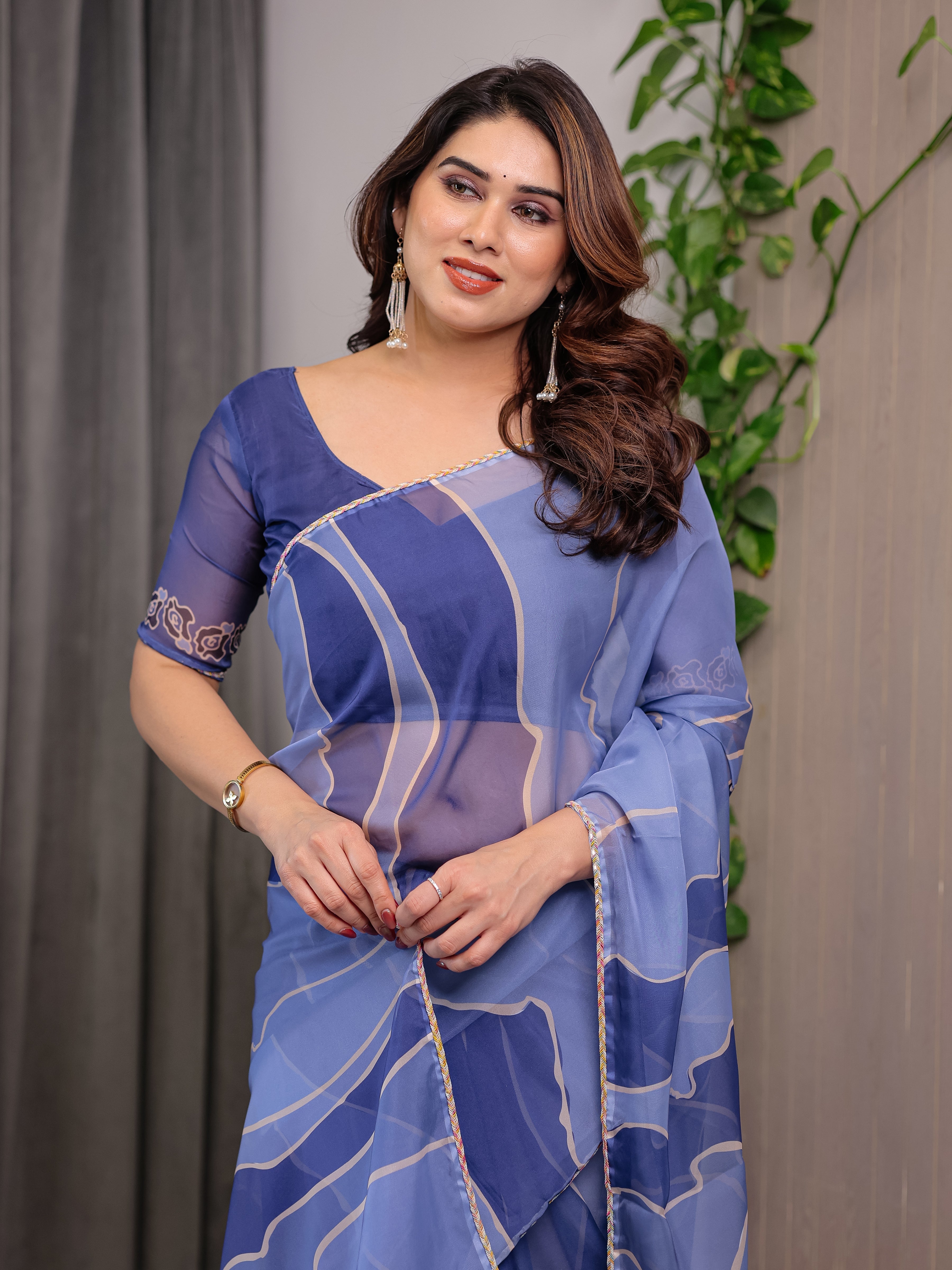 Elegant Steel Blue Printed Organza Saree with Abstract Wave Motifs & Multicolour Lace Border | Designer Lightweight Organza Saree with Attached Blouse Piece | Contemporary Festive Wear Saree