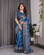 Indigo Blue Handloom Linen Saree with White Village & Tree Print Pallu | Zari Woven Border | 5.5m Saree + 0.8m Blouse | Elegant Pallu Tassels