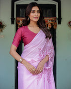 Lilac Pink Designer Freehand Saree with Maroon Leaf Motif & Wine Blouse | Satin Georgette | Handsfree Pallu Style