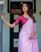 Lilac Pink Designer Freehand Saree with Maroon Leaf Motif & Wine Blouse | Satin Georgette | Handsfree Pallu Style