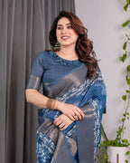 Indigo Blue Handloom Linen Saree with White Village & Tree Print Pallu | Zari Woven Border | 5.5m Saree + 0.8m Blouse | Elegant Pallu Tassels
