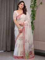 Ivory White Designer Organza Saree with Royal Elephant & Camel Motifs | Floral Printed Lightweight Organza Saree with Attached Blouse | Festive & Ethnic Wear Saree