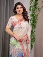 Ivory White Designer Organza Saree with Royal Elephant & Camel Motifs | Floral Printed Lightweight Organza Saree with Attached Blouse | Festive & Ethnic Wear Saree