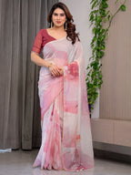 Blush Pink Designer Organza Saree with Artistic Flamingo Print & Multicolour Lace Border | Premium Lightweight Organza Saree with Attached Blouse Piece | Elegant Party & Festive Wear Saree