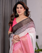 White & Charcoal Handloom Linen Saree with Pink Striped Pallu & Zari Woven Borders | 5.5m Saree + 0.8m Blouse | Elegant Tassel Finish