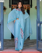 Teal Blue Designer Freehand Saree with Lotus Mandala Pallu & Matching Blouse | Satin Georgette | Handsfree Pallu Feature
