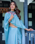 Teal Blue Designer Freehand Saree with Lotus Mandala Pallu & Matching Blouse | Satin Georgette | Handsfree Pallu Feature