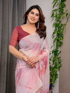 Blush Pink Designer Organza Saree with Artistic Flamingo Print & Multicolour Lace Border | Premium Lightweight Organza Saree with Attached Blouse Piece | Elegant Party & Festive Wear Saree