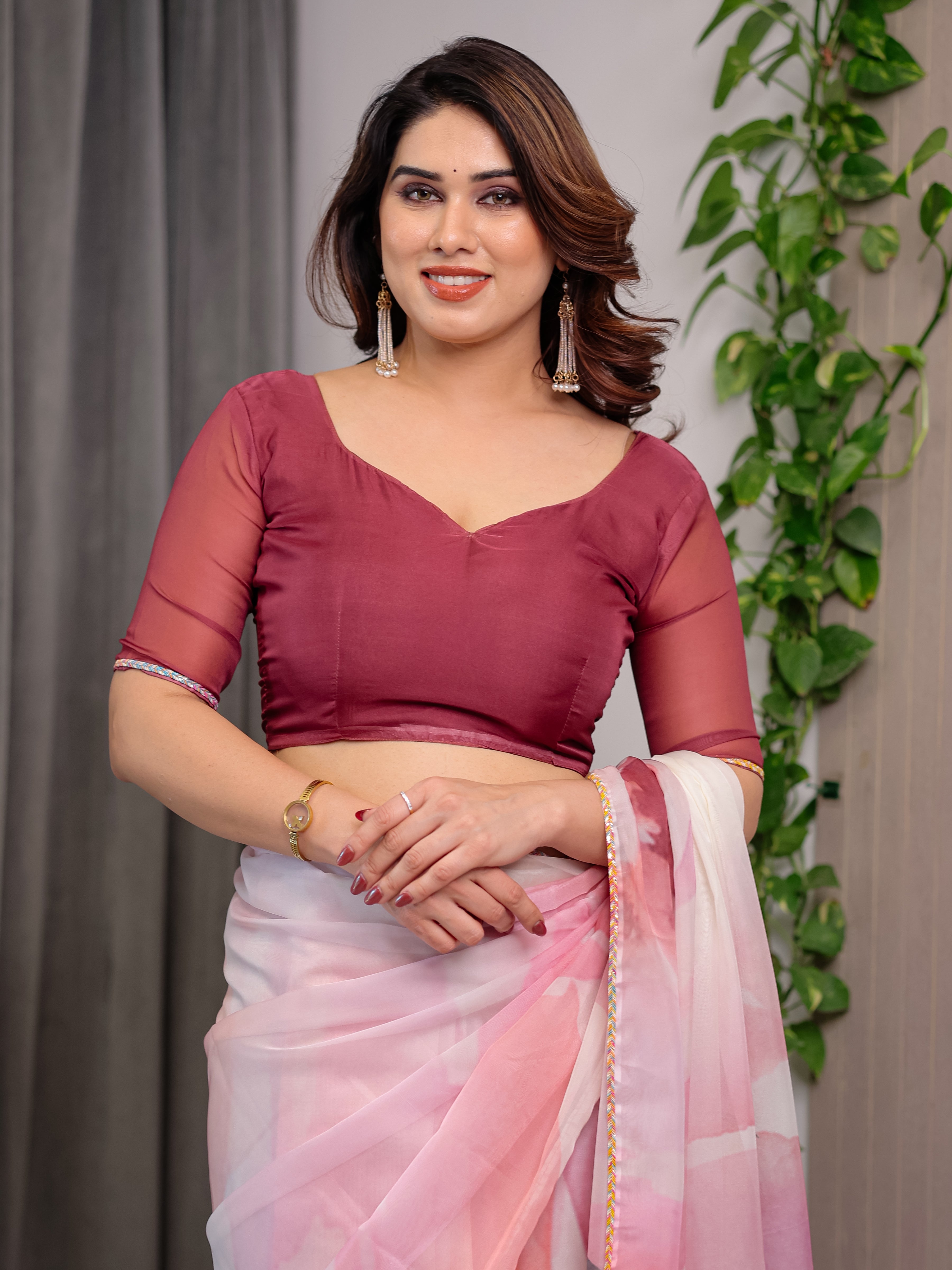 Blush Pink Designer Organza Saree with Artistic Flamingo Print & Multicolour Lace Border | Premium Lightweight Organza Saree with Attached Blouse Piece | Elegant Party & Festive Wear Saree