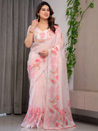 Pastel Peach Printed Organza Saree with Paisley Motifs & Multicolour Lace Border | Designer Lightweight Organza Saree with Attached Blouse Piece | Elegant Festive & Party Wear Saree