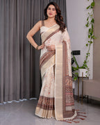 Ivory Beige Handloom Linen Saree with Rustic Floral Print & Brown Ornamental Pallu | Zari Borders & Tassels | 5.5m Saree + 0.8m Blouse