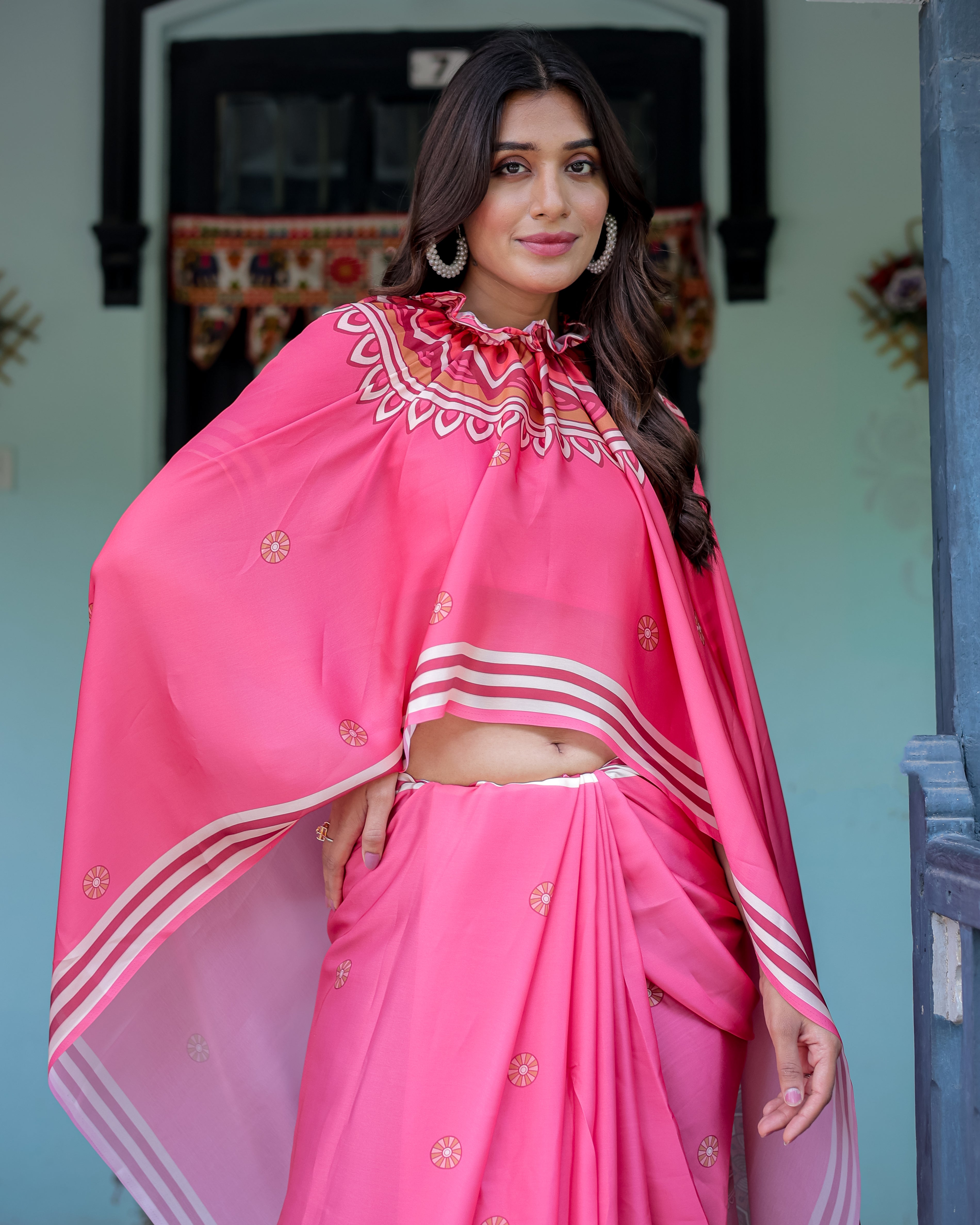 Bright Pink Designer Saree with White Striped Border & Mandala Art | Satin Georgette | Handsfree Pallu | Matching Blouse