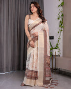 Ivory Beige Handloom Linen Saree with Rustic Floral Print & Brown Ornamental Pallu | Zari Borders & Tassels | 5.5m Saree + 0.8m Blouse