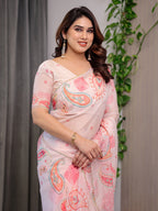 Pastel Peach Printed Organza Saree with Paisley Motifs & Multicolour Lace Border | Designer Lightweight Organza Saree with Attached Blouse Piece | Elegant Festive & Party Wear Saree
