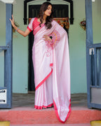 Baby Pink Designer Saree with Mandala Pallu & Polka Dot Blouse | Satin Georgette | Handsfree Pallu Feature