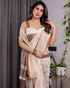 Ivory Beige Handloom Linen Saree with Rustic Floral Print & Brown Ornamental Pallu | Zari Borders & Tassels | 5.5m Saree + 0.8m Blouse