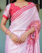 Baby Pink Designer Saree with Mandala Pallu & Polka Dot Blouse | Satin Georgette | Handsfree Pallu Feature