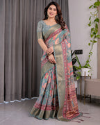 Sage Green Handloom Linen Saree with Multicolor Mythical Elephant & Floral Printed Pallu | Zari Border | 5.5m Saree + 0.8m Blouse | Festive Tassel Finish