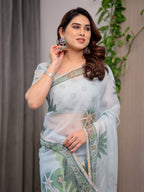 Pastel Mint Green Printed Organza Saree with Tropical Leaf Motifs | Designer Lightweight Sheer Organza Saree with Attached Blouse Piece | Elegant Festive & Day Party Saree
