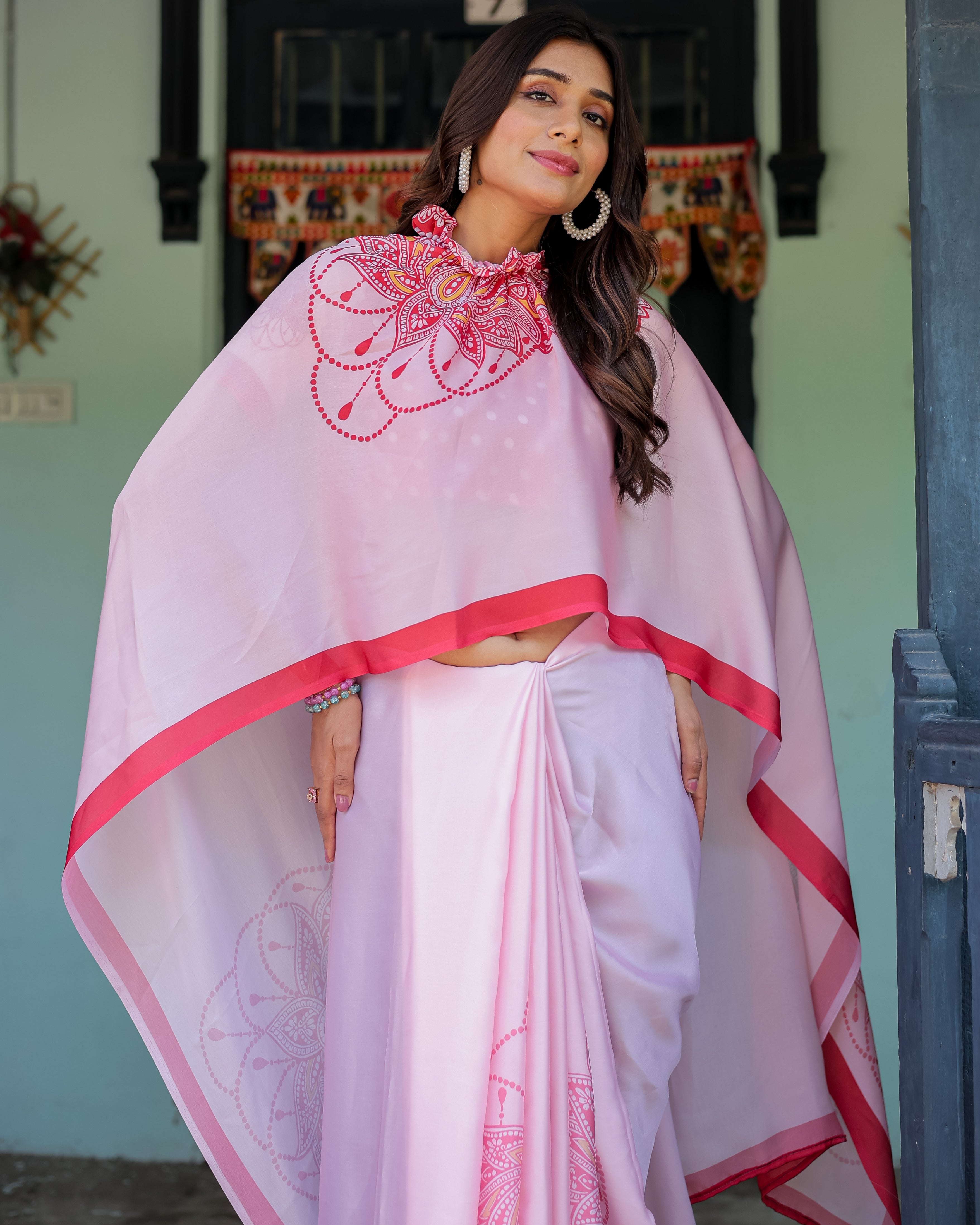 Baby Pink Designer Saree with Mandala Pallu & Polka Dot Blouse | Satin Georgette | Handsfree Pallu Feature