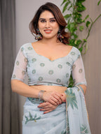 Pastel Mint Green Printed Organza Saree with Tropical Leaf Motifs | Designer Lightweight Sheer Organza Saree with Attached Blouse Piece | Elegant Festive & Day Party Saree
