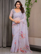 Lavender Grey Floral Printed Organza Saree with Tulip Motifs | Designer Lightweight Sheer Organza Saree with Attached Blouse Piece | Elegant Festive & Party Wear Saree