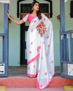 White Satin Georgette Designer Saree with Pink Mandala Prints & Floral Pallu | Handsfree Pallu Loop | Contrast Pink Blouse