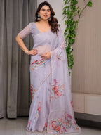 Lavender Grey Floral Printed Organza Saree with Tulip Motifs | Designer Lightweight Sheer Organza Saree with Attached Blouse Piece | Elegant Festive & Party Wear Saree