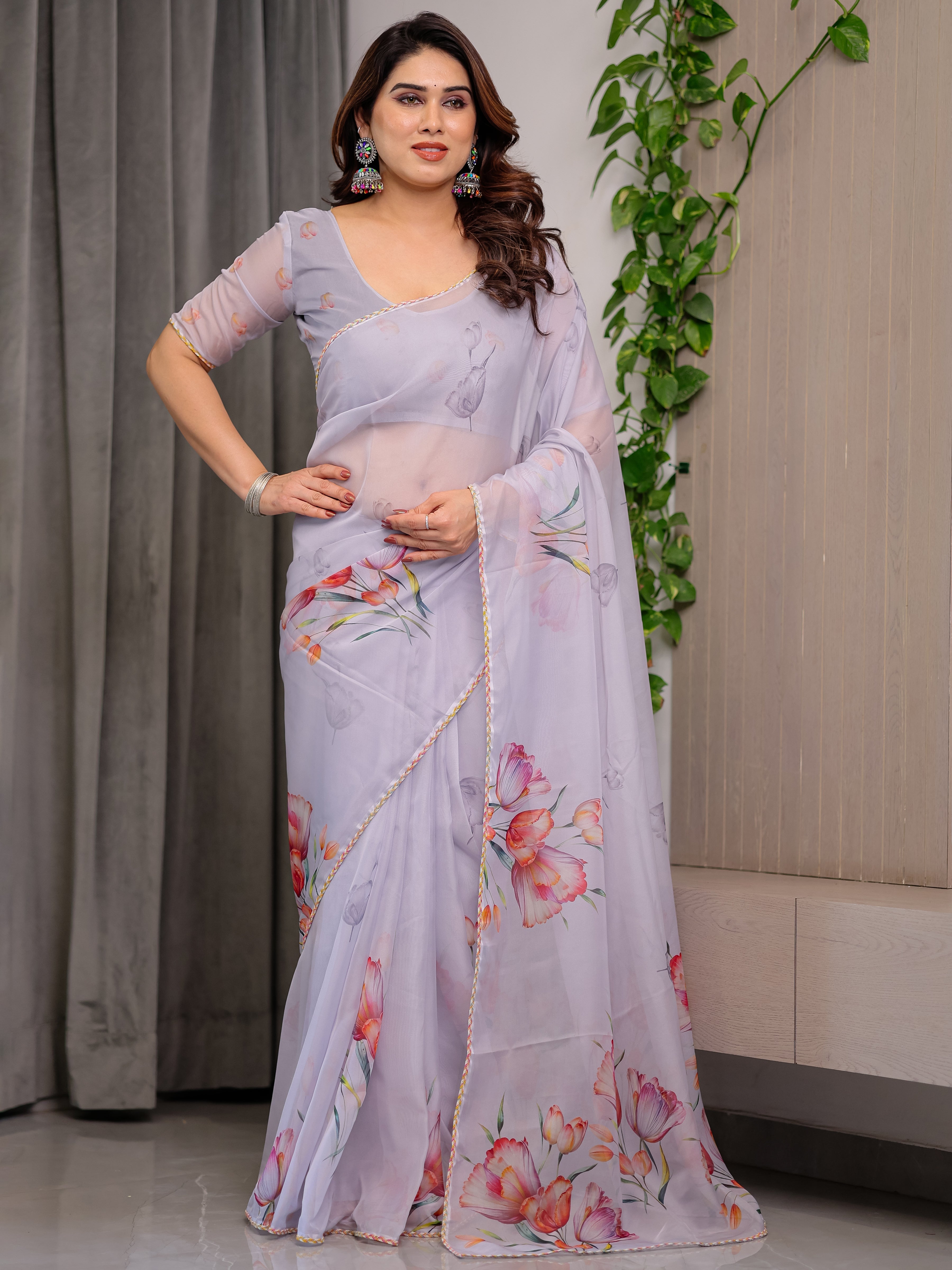 Lavender Grey Floral Printed Organza Saree with Tulip Motifs | Designer Lightweight Sheer Organza Saree with Attached Blouse Piece | Elegant Festive & Party Wear Saree