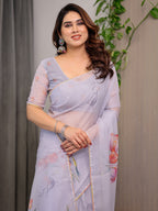 Lavender Grey Floral Printed Organza Saree with Tulip Motifs | Designer Lightweight Sheer Organza Saree with Attached Blouse Piece | Elegant Festive & Party Wear Saree