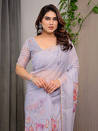 Lavender Grey Floral Printed Organza Saree with Tulip Motifs | Designer Lightweight Sheer Organza Saree with Attached Blouse Piece | Elegant Festive & Party Wear Saree
