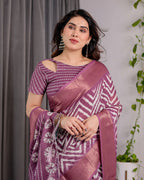 Plum Purple Handloom Linen Saree with Zigzag & Floral Motifs | Zari Border & Tassels | 5.5m Saree + 0.8m Blouse Piece