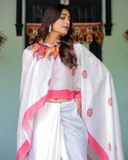 White Satin Georgette Designer Saree with Pink Mandala Prints & Floral Pallu | Handsfree Pallu Loop | Contrast Pink Blouse
