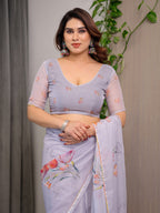 Lavender Grey Floral Printed Organza Saree with Tulip Motifs | Designer Lightweight Sheer Organza Saree with Attached Blouse Piece | Elegant Festive & Party Wear Saree
