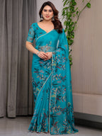 Teal Green Printed Organza Saree with Floral & Bird Motifs and Multicolour Lace Border | Designer Lightweight Organza Saree with Attached Blouse Piece | Elegant Festive & Party Wear Saree