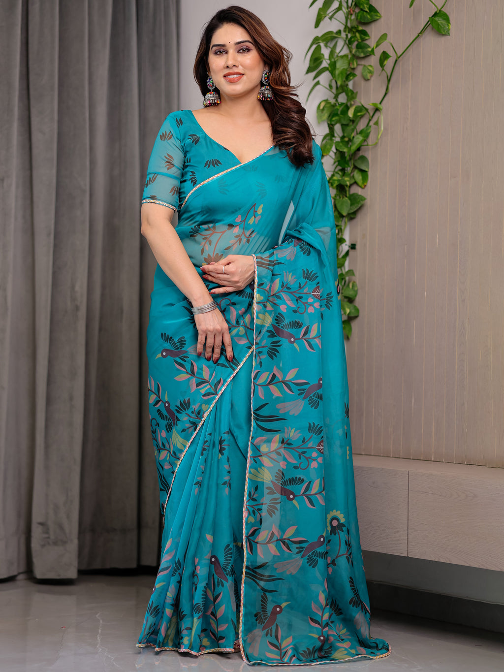 Teal Green Printed Organza Saree with Floral & Bird Motifs and Multicolour Lace Border | Designer Lightweight Organza Saree with Attached Blouse Piece | Elegant Festive & Party Wear Saree